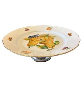 Vintage MZ Czechoslovakia Pedestal Cake Stand 9.5” – Gold Trim – Fruit Design
